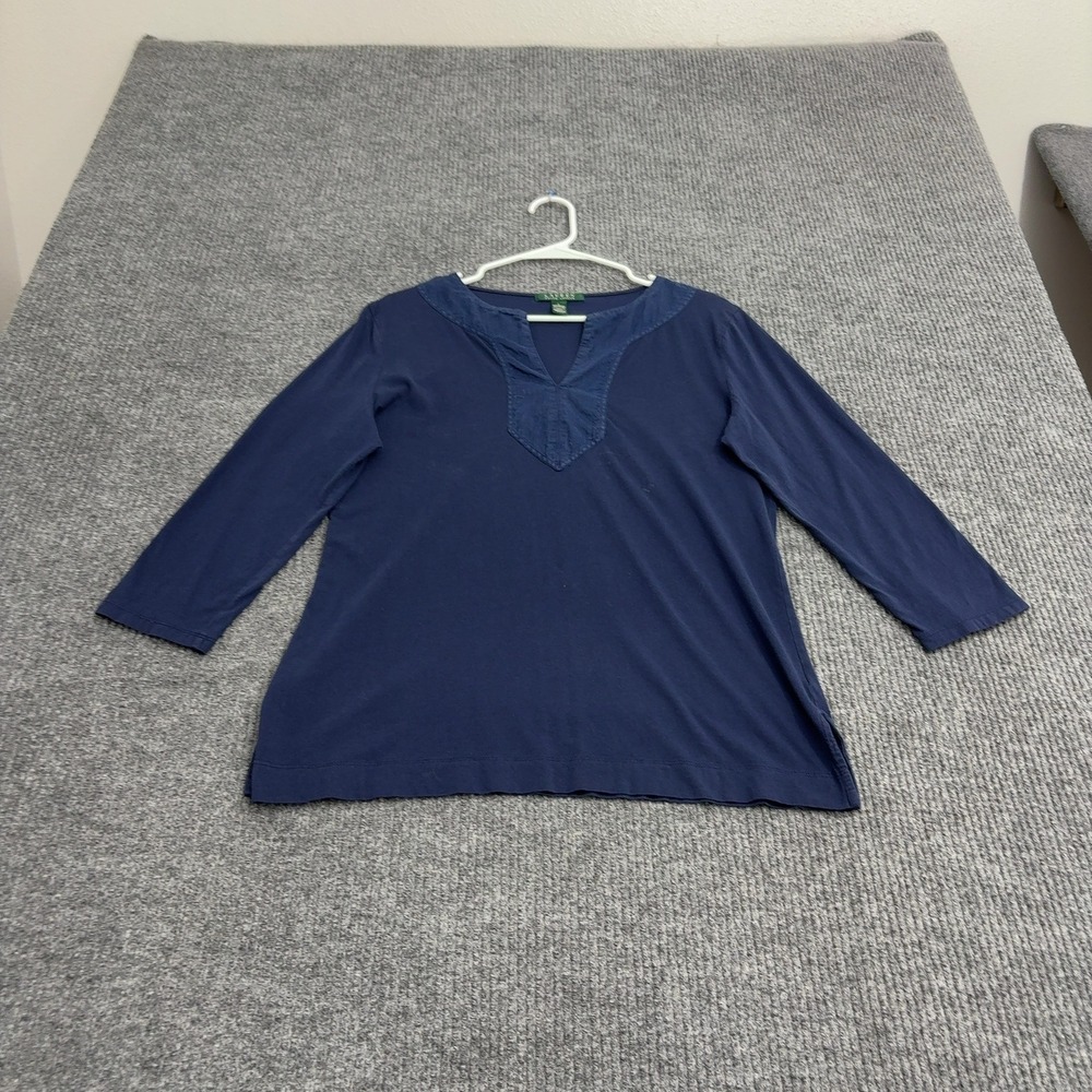 Lauren Ralph Lauren Shirt Womens L Navy Cotton Split Neck 3/4 Sleeve Casual